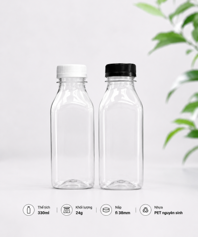 CHAI VUÔNG CỔ TRỤ NHỰA PET CAO CẤP 330ML