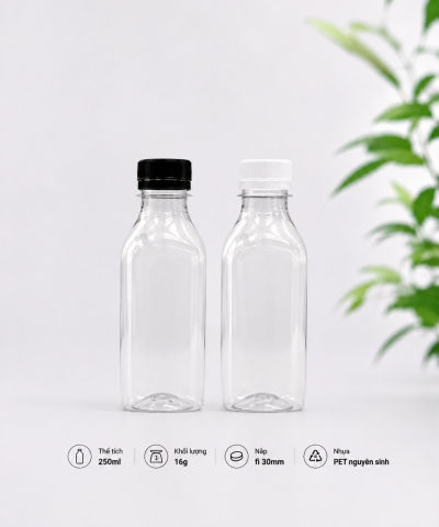 CHAI VUÔNG CỔ TRỤ NHỰA PET CAO CẤP 250ML