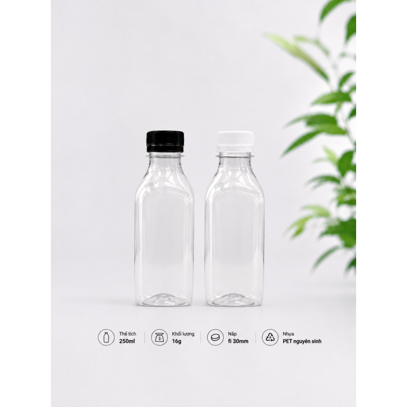 CHAI VUÔNG CỔ TRỤ NHỰA PET CAO CẤP 250ML