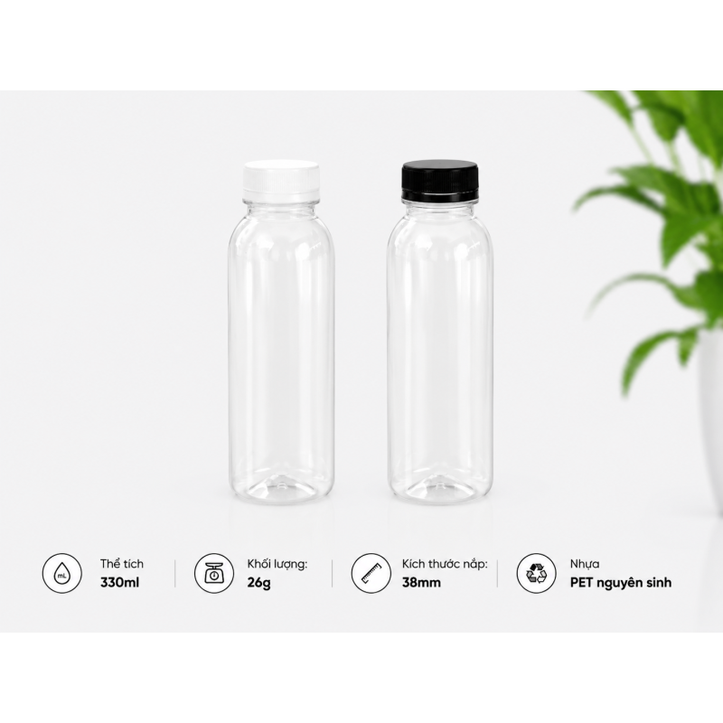 CHAI TRÒN NHỰA PET CAO CẤP 330ML (NẮP 38MM)