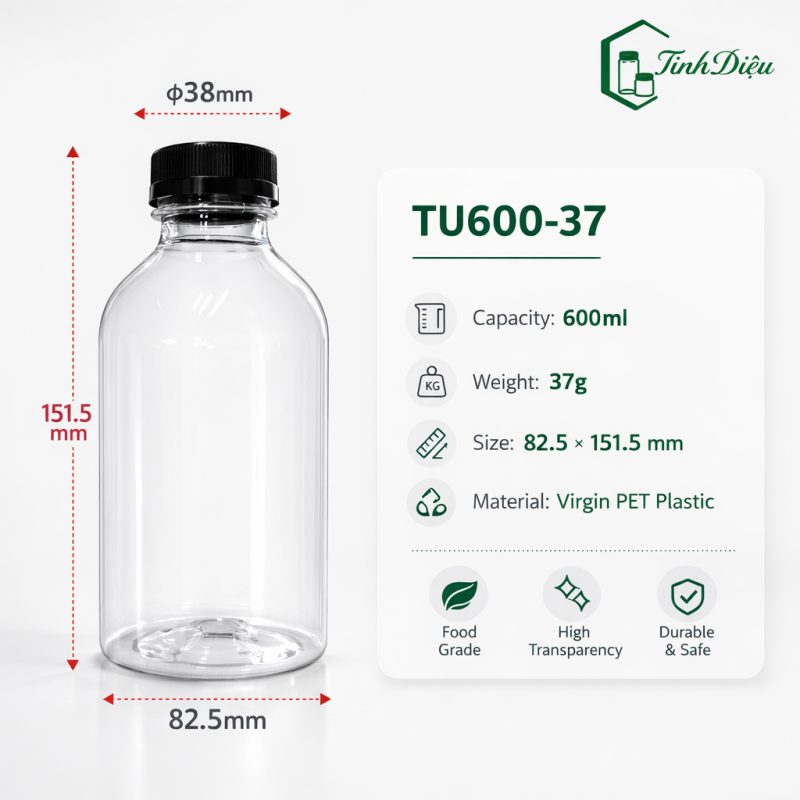 CHAI NHỰA PET CAO CẤP DẠNG TRÒN Ú  600ML